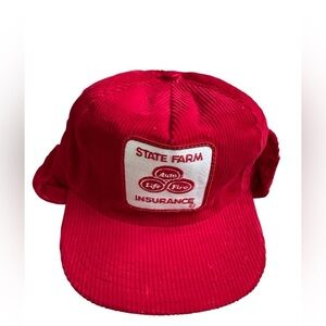 State Farm Insurance Corduroy Hat Gold Star With Ear Flaps Red Made In USA